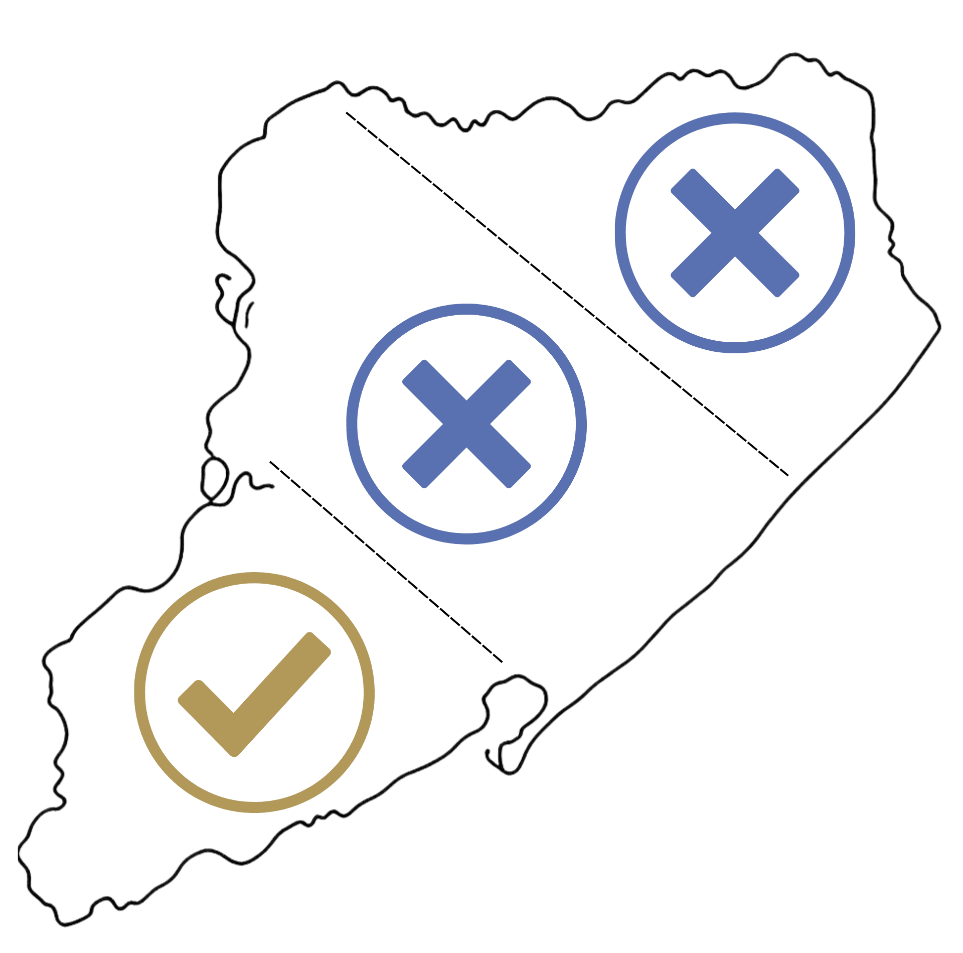 Staten Island map with the south shore highlighted in gold and the north + mid-island shores marked with blue X