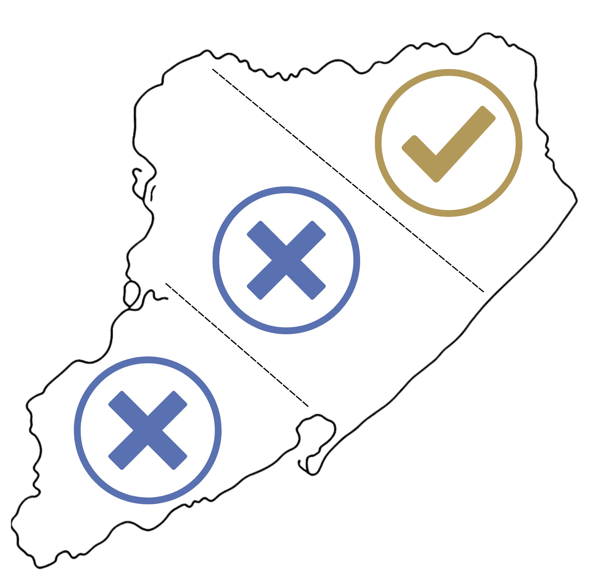 Staten Island map with the north shore highlighted in gold and the south + center shores marked with blue X